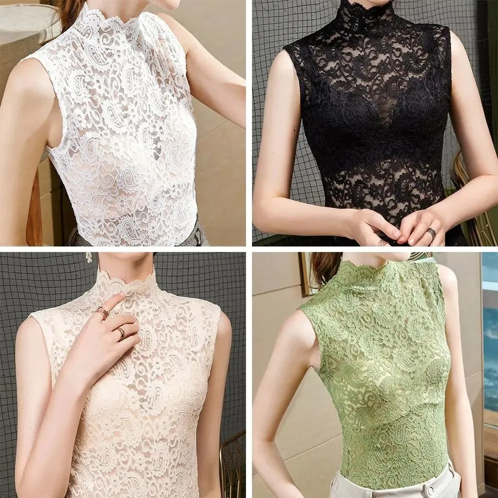 Débardeur Floral élégant à col mi-haut, t-shirt ajouré noir et blanc, gilet sans manches pour femmes et filles — image 6