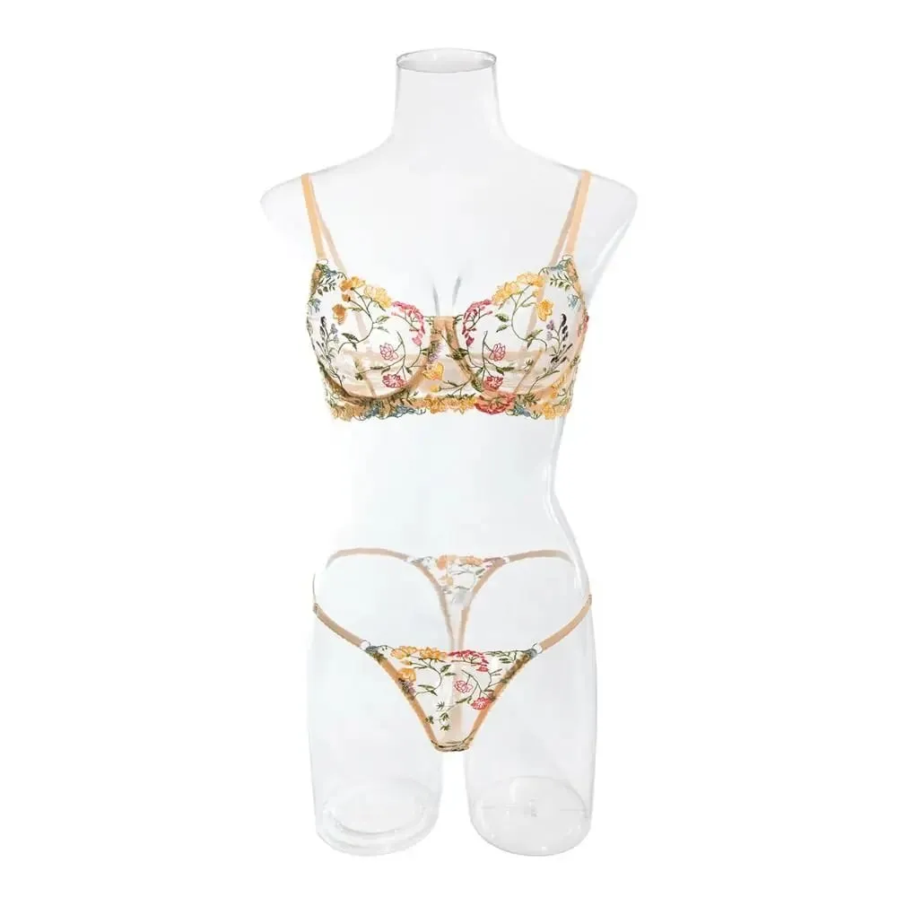 2-Piece Sexy Floral Lingerie Set Embroidery Sheer Women Underwear Wireless Bra — image 2