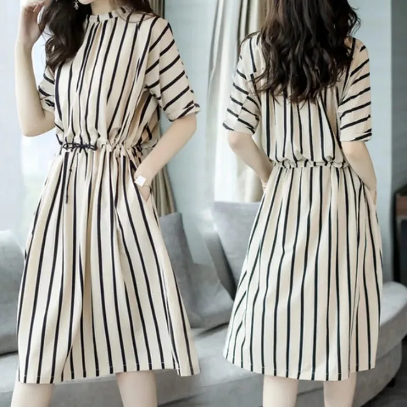 New Women Summer Vertical Stripe Print Dress Lady Waist-Fitting Mid-Length Dress Woman Loose Casual Dress Ladies Outdoor Casual — image 4