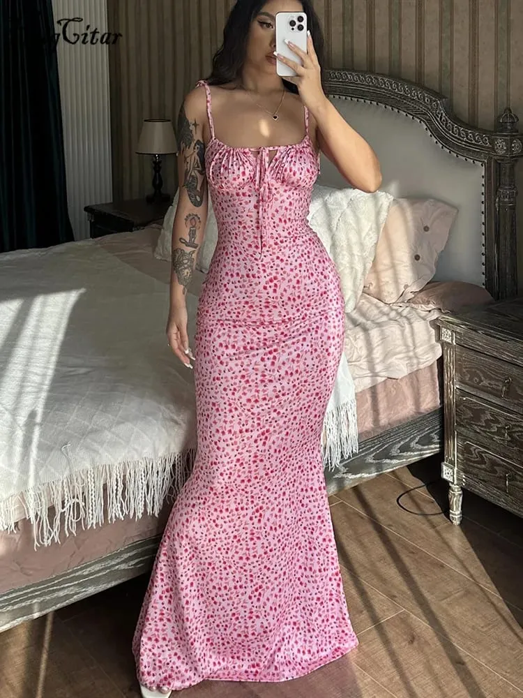 Hugcitar 꽃 프린트 민소매 백리스 슬립 레이스 업 맥시 드레스 섹시한 Bodycon 여름 우아한 의상 휴일 파티 도매 — image 4