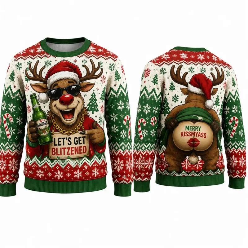 Lets Get Blitzened Reindeer Christmas Sweatshirt 3D Print Crewneck Unisex New Funny Ugly Xmas Party Holiday Jumper Autumn Wear