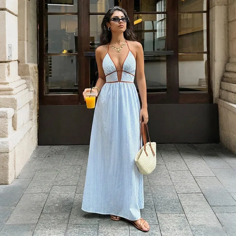 2026 Summer New Style Deep V-neck Striped Beach Dress Sexy Backless Sleeveless Neckline Long Dress — image 1