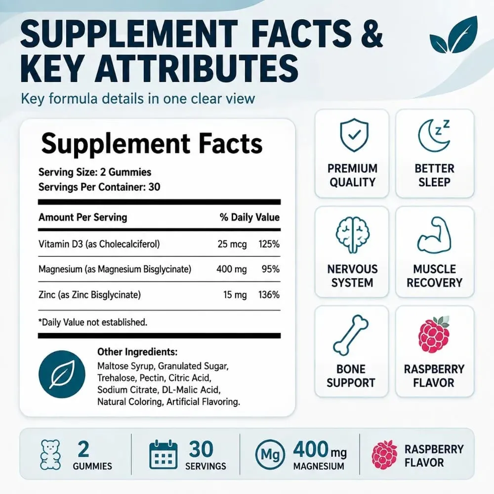 Magnesium Bisglycinate Gummies 400mg High Absorption for Sleep Muscle Recovery & Bone Support with D3 & Zinc Raspberry 60 Ct