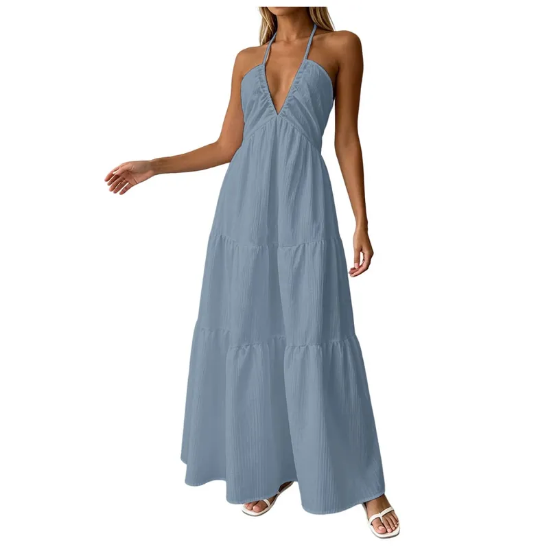 Summer Halter Neck Women's Dress Elegant Chic Wedding Party Beach Dress Backless Flowy Vacation Boho Sling Long Dresses Women — image 9