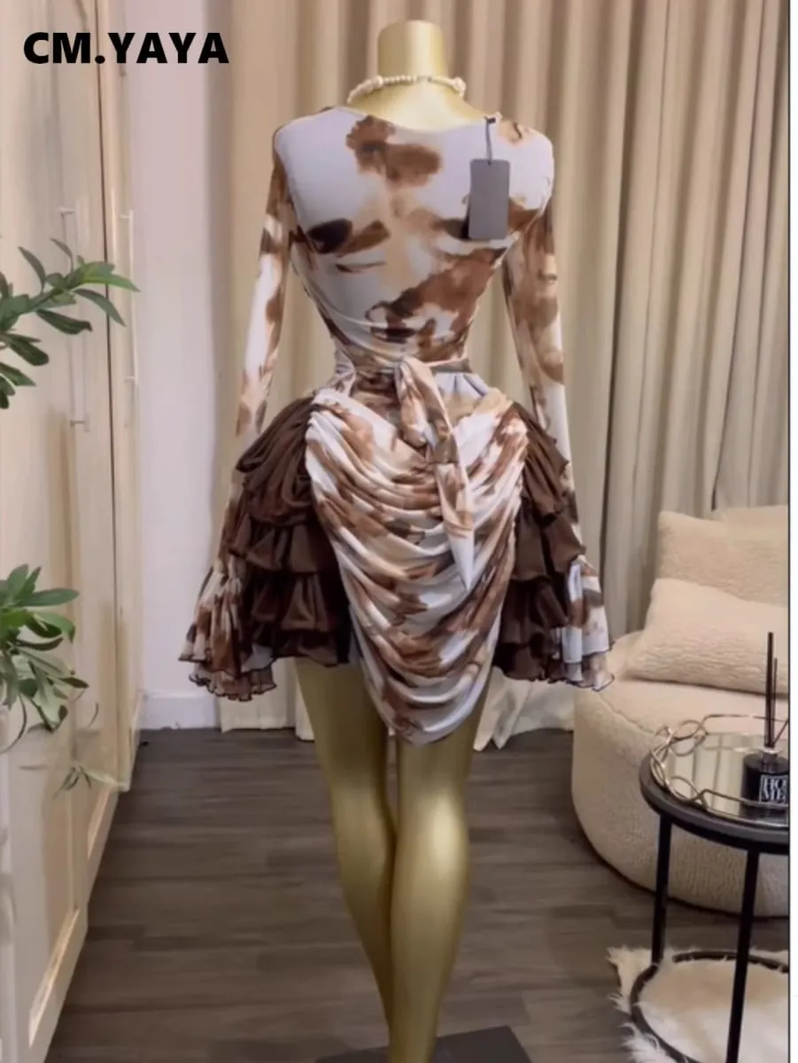 CM.YAYA Kobiety Tie Dye Print Kaskadowe falbany Bell Z długim rękawem Bodycon Ruched Drapowana sukienka z dekoltem w kształcie litery V Wakacje Plaża Sukienki wakacyjne