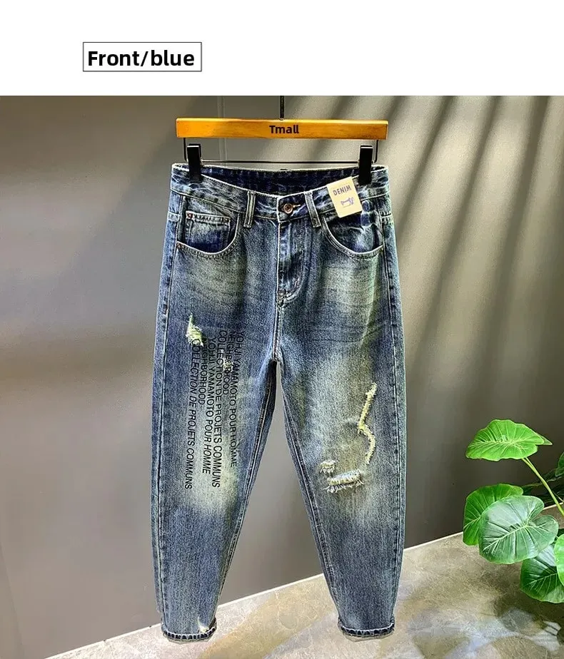 2025 Autumn/Winter New Men's Trendy Piercing Patch Jeans with Letter Printed Micro Loose Pants — image 9
