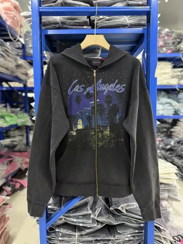 False Rhinestone Starry Sky Pattern Print Washed Zipper Loose Hoodie Street Casual Cotton Versatile Sports Trendy Sweatshirt — image 12