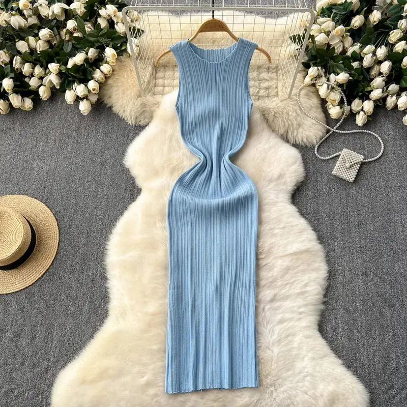 YuooMuoo Chic Fashion Sexy Wrap Hips Knitted Maxi Dress 2026 Spring Summer Ribbed Slim Elastic Sleeveless Tank Dress Lady Vestid