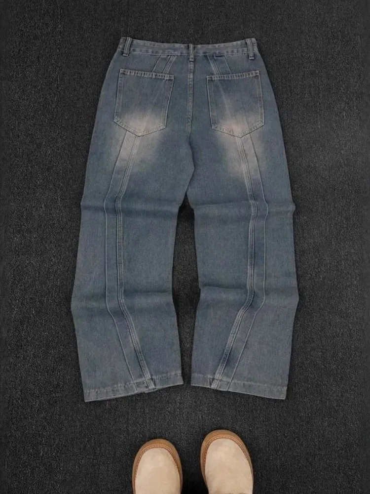 Mens Jeans American Vintage Streetwear Dark Blue Wide Leg Denim Pants Patchwork Contrast Stitch Washed Loose Fit Retro Fashion — image 4