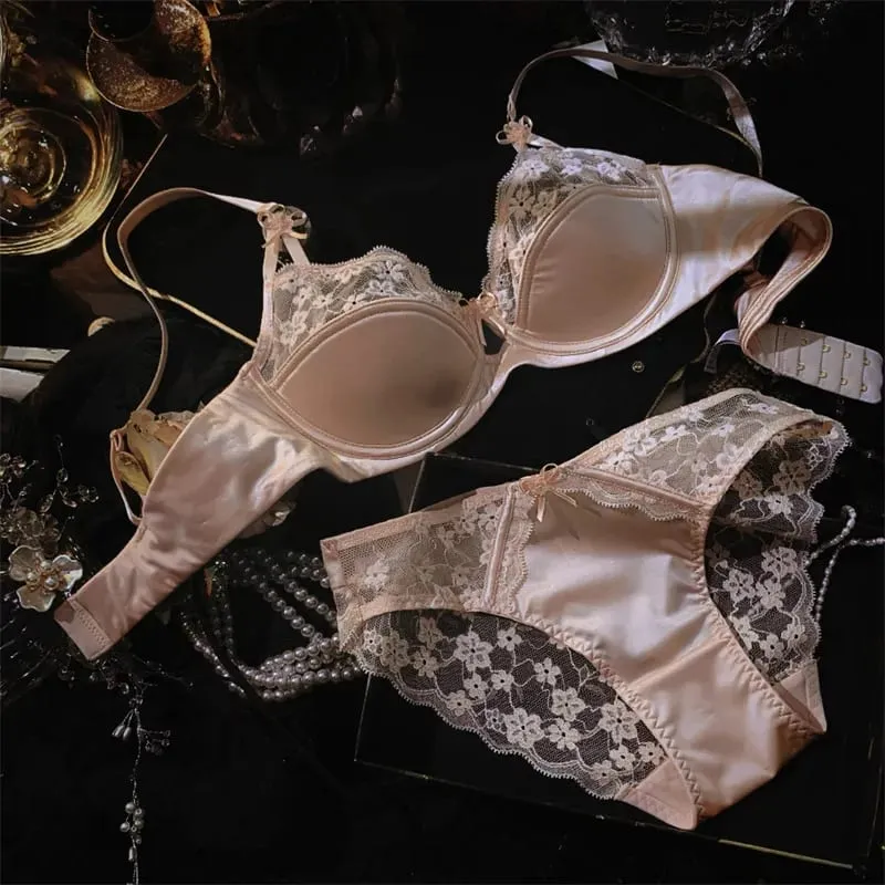 French Premium Satin Half Cup Lace Underwear Women's Thin Sexy Gathering Top Support Glossy Bra Set Big Breasts Small 32-38 Set