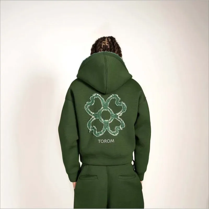 Olive Green Embroidered Zip Hoodie & Pants Set Men Streetwear Trendy Loose Casual 2-Piece Tracksuit New 2025 Fashion — image 3