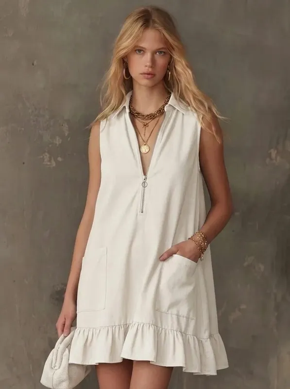 Women Sleeveless Zip V Neck Mini Dress Collared Ruffle Hem A Line Loose Dress with Pockets Summer Casual Dresses — image 3