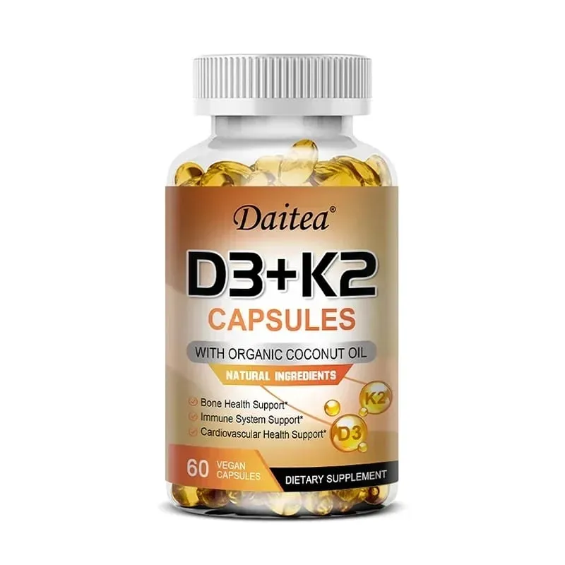 Cápsulas veganas de vitamina D3 K2 - Aceite de coco orgánico - Suplemento diario para un sistema inmunológico y huesos saludables Sin gluten ni soja