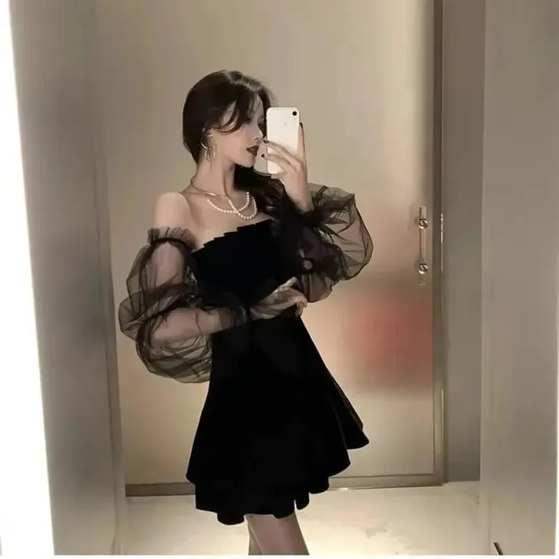 New Black Retro Dress Women Lace Chiffon Mini Dress Female High Street Sexy Korean Fashion Women Club Dress — image 2