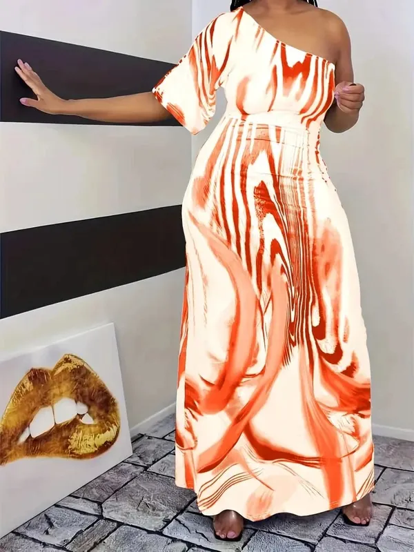 Plus size new women's fashion casual milk white printed single sleeved off shoulder dress long skirt — image 1