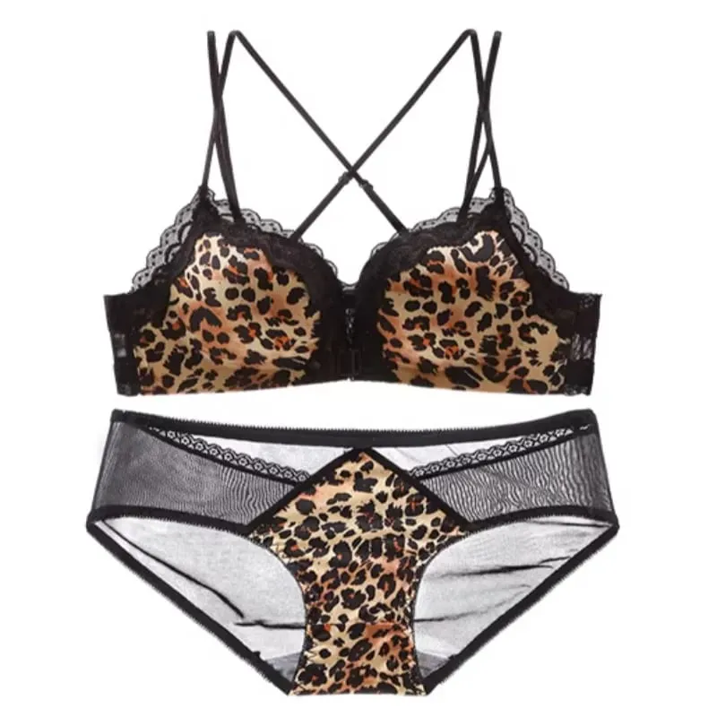 Bestselling Leopard Print Sexy Lingerie Set for Women Front Closure Push Up Bra Lift Up Support Comfort Daily Intimates Wear
