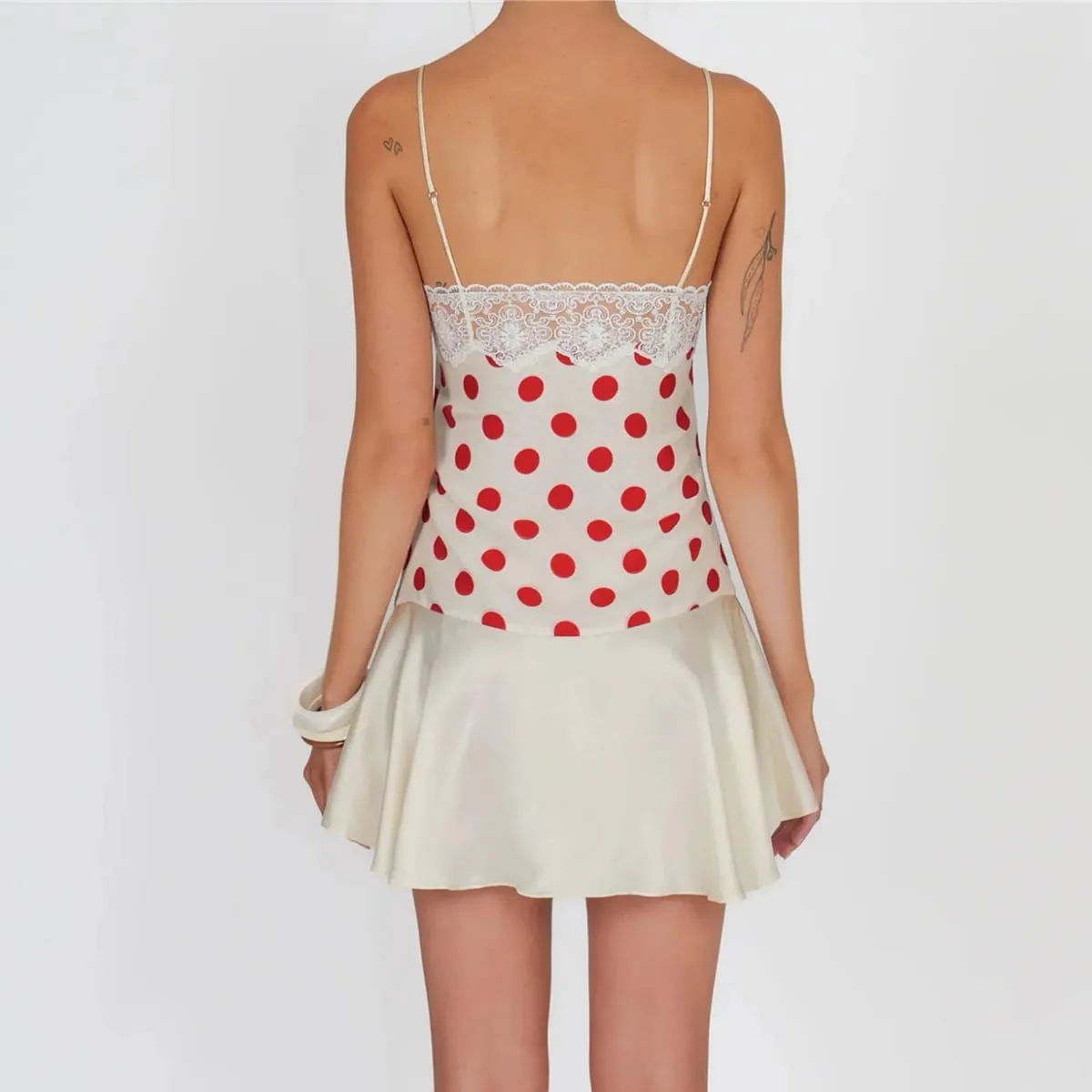 Women Y2K Polka Dot Cami Dress Lace Trim Spaghetti Strap Satin Ruffle Hem Bodycon Mini Dress Summer Casual Streetwear