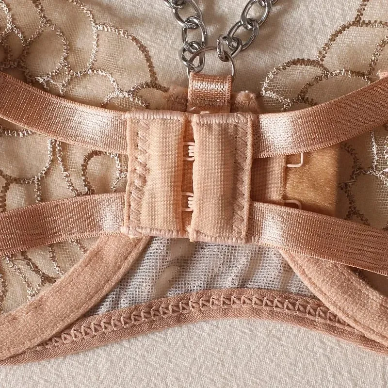 Bra + Panties + Garter + Hemline New Lace Transparent Push Up Lingerie Sets For Women Sexy Sleep Hollow Out Chain Underwear — image 5