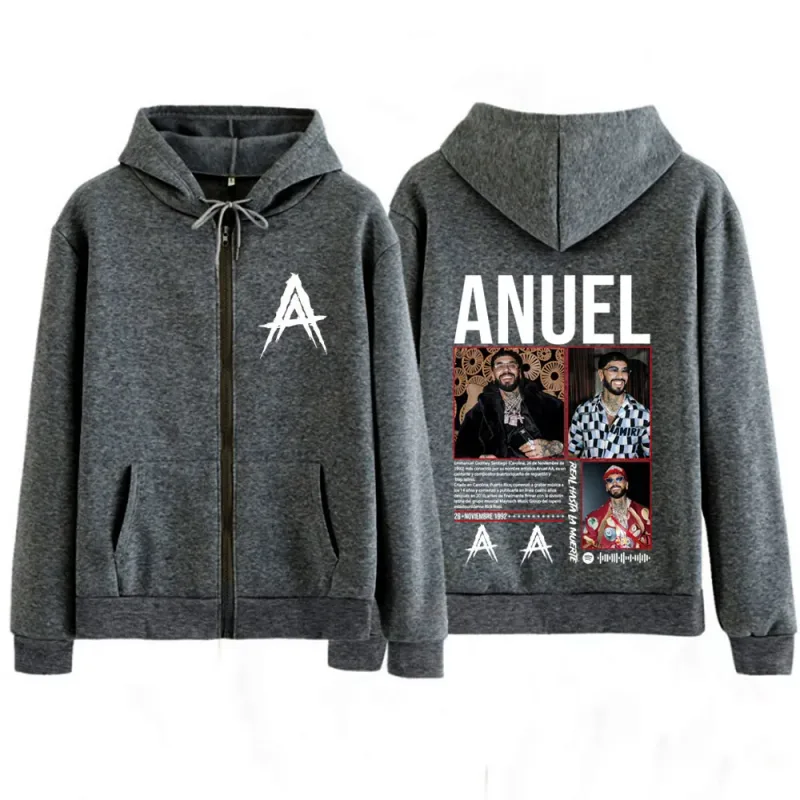 Rapper Anuel AA Album Tour 2025 Vintage Graphic Zipper Hoodie Men Women Fashion Long-sleeved Casual Hip-hop Zip Up Sweatshirts — image 7