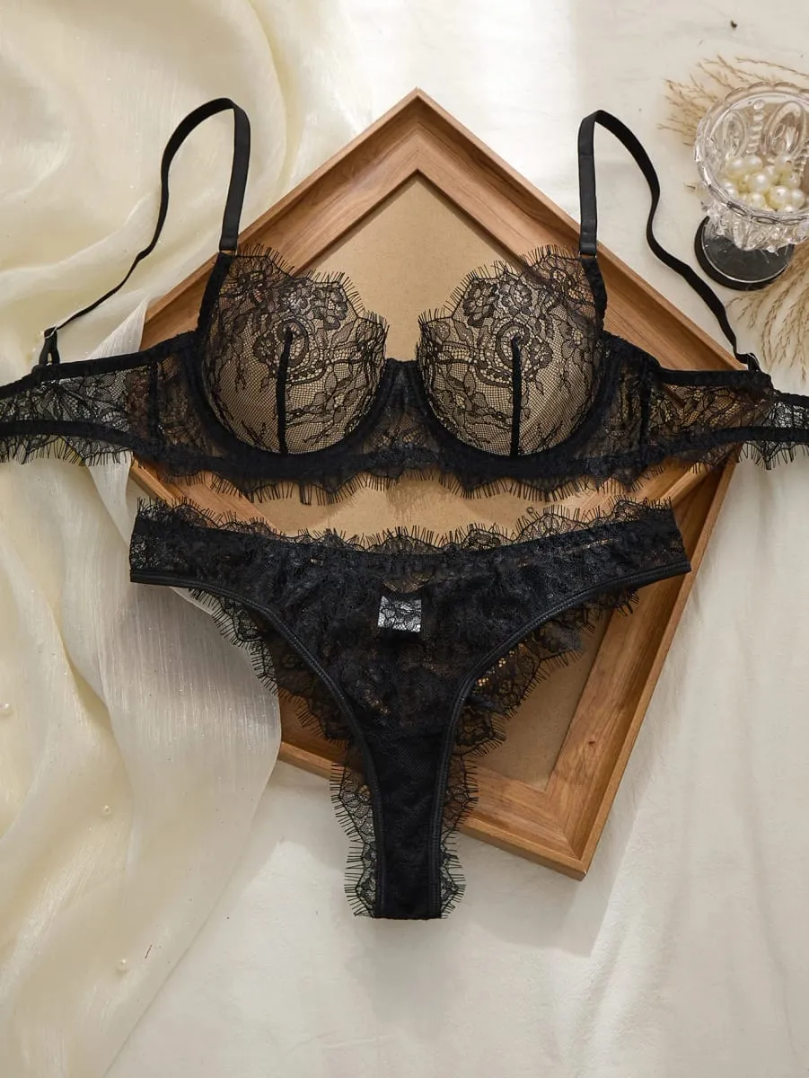 2pcs Ladies' Basic Style Thin Lace Bra And Panty Set Comfortable Seamless Single Layer Romantic Transparent Intimate Apparel