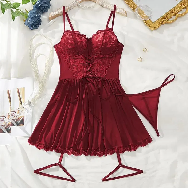 Sexy Bra And Garter Belt Lingerie Hot Red Babydoll Dress Erotic Women Exquisite 3-Piece Sets Thong Nightgown Set With Leg Rings — image 7