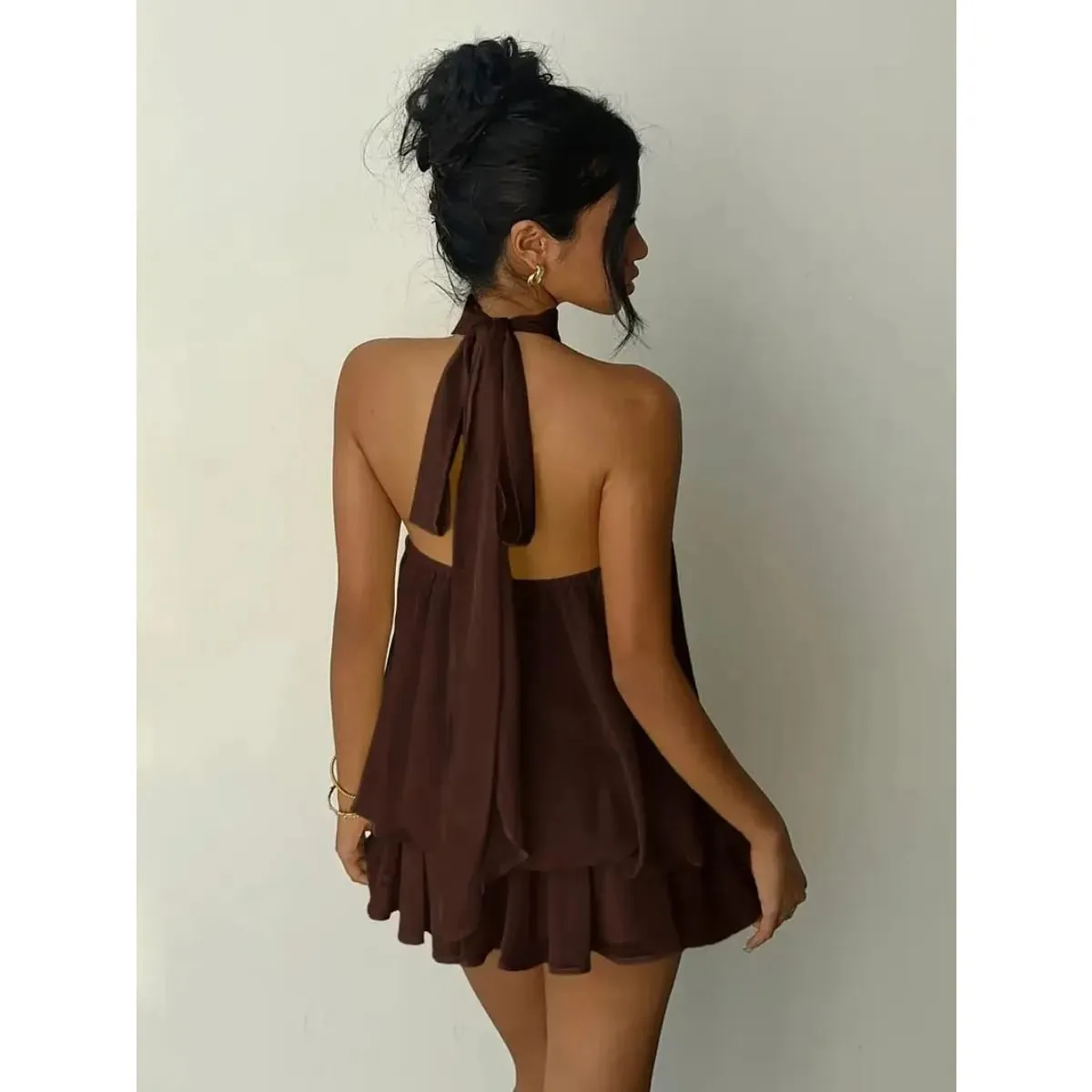 Women's Halter Neck Dress Backless Tie-Front Chiffon Sheer Mini Skirt Fashionable Sexy Y2K Vintage Cute Party Birthday Dress — image 5