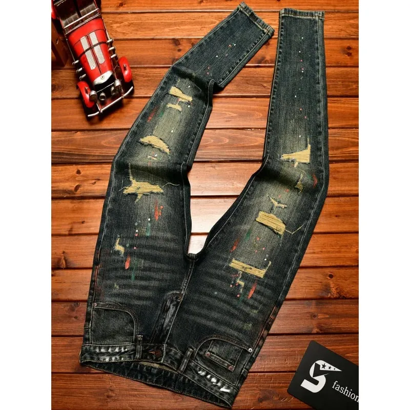 Broken hole patch jeans for men 2025 new men's clothing paint printing trend design retro nostalgic slim fit denim pants — image 4