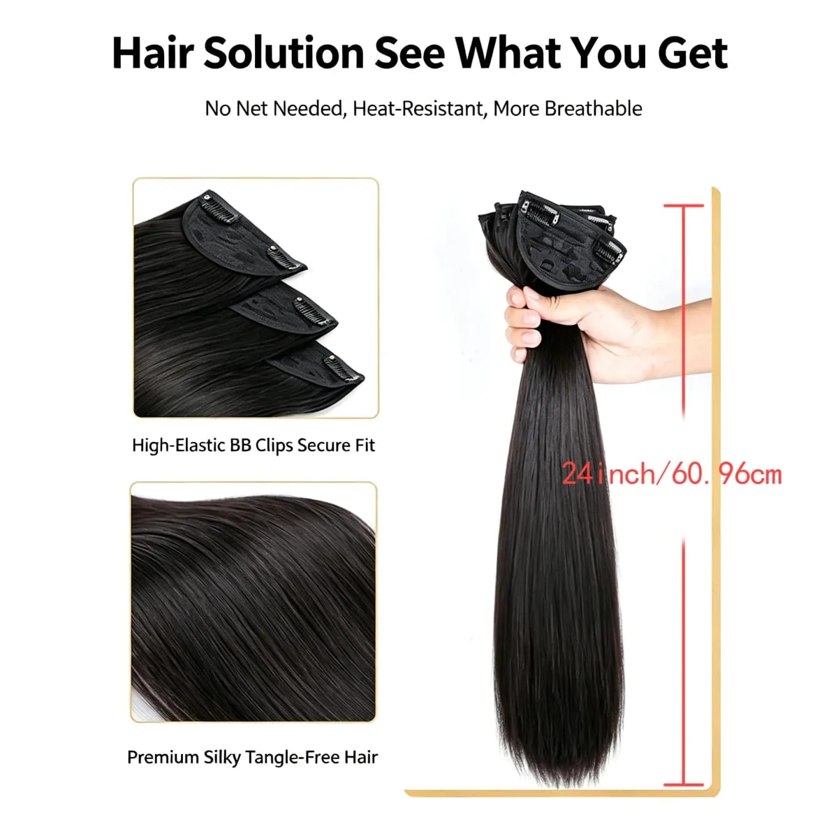 3 Pcs Black Synthetic Straight Hair Extensions Invisible Seamless Clip on Breathable Mesh Elastic BB Straight Hair Pieces — image 2