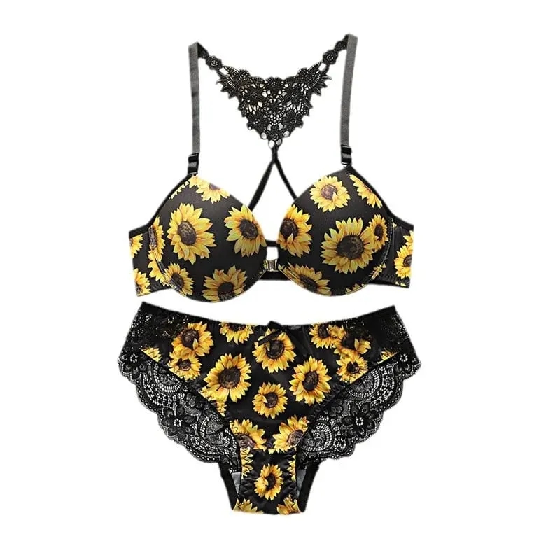 Women's Sunflower Bra Set Push Up Lace Back Lingerie Set 2 Piece Underwear 2026 — image 6
