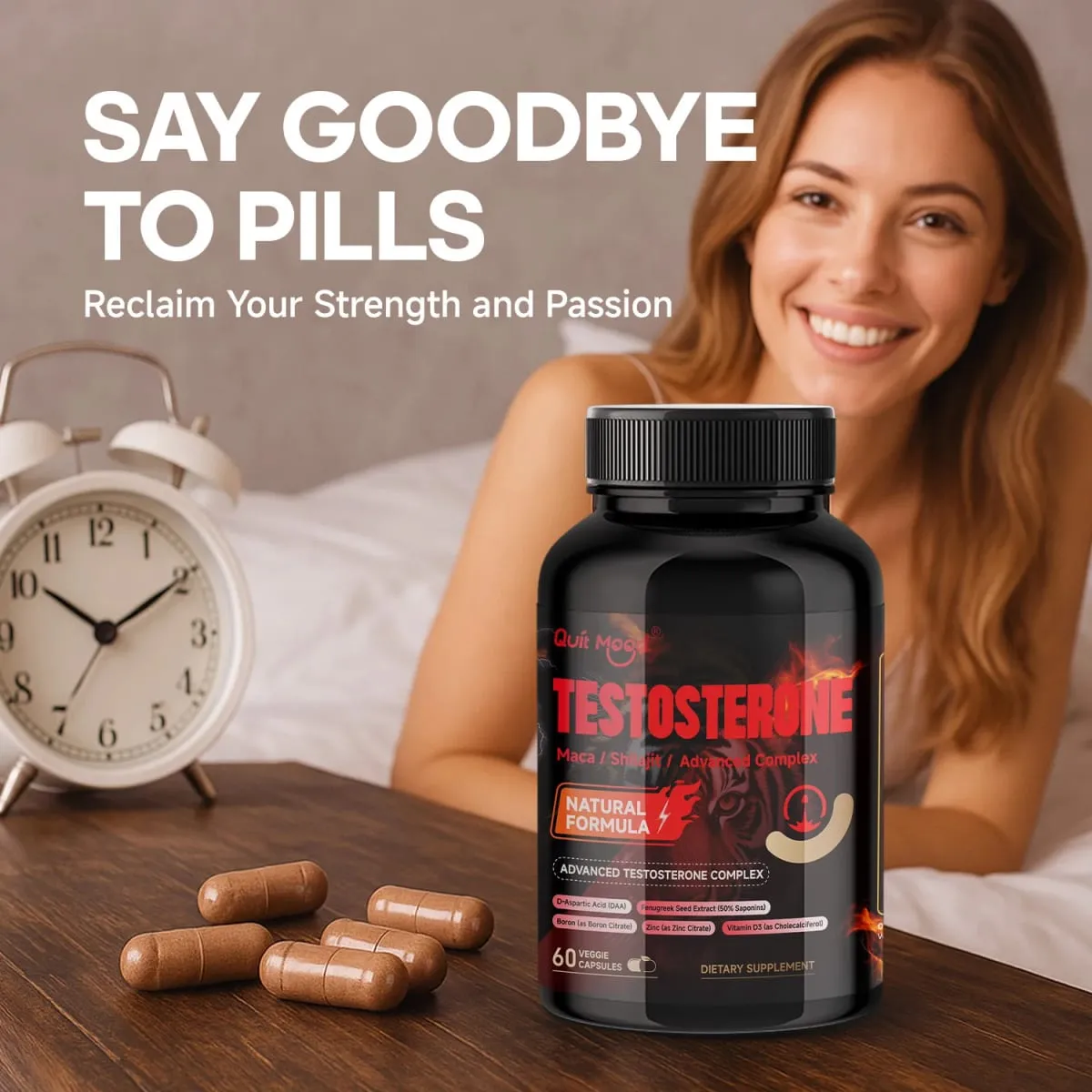 Quit Mood Men's Testosterone Capsules | Maca 100 มก. & ชิลาจิต 50 มก. และอื่นๆ | ปรับสมดุลฮอร์โมนและเพิ่มความแข็งแกร่ง – 60 แคปซูล