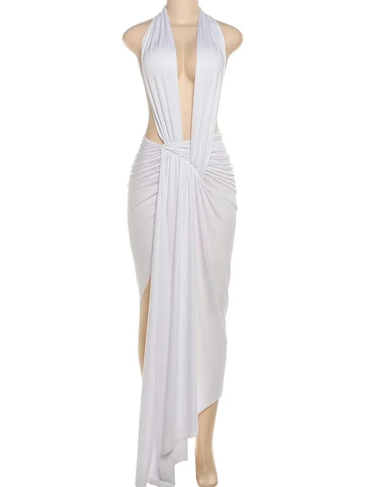 Strano Gatto Sexy Halter Vestito Delle Donne Split Nodo Nastro Increspato Senza Maniche Backless Orlo Irregolare Festa di Compleanno Abiti Eleganti — image 7