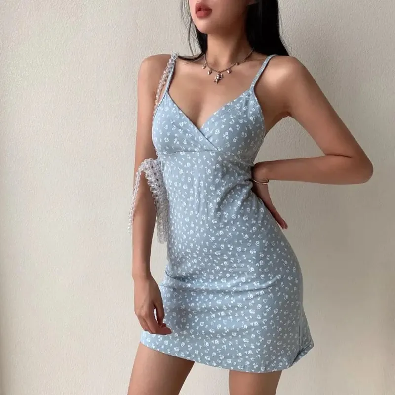 Korean V-neck Halter Floral Skirt a-line Skirt Floral Print Vintage Floral Mini Dress Retro Vintage Floral Halter Skirt Ladies