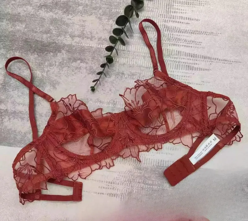 French Embroidered Lace Lingerie Set Large Bust Small Look Bra Wire Free Anti Sagging Top Sheer Bras for Women S-XL 32-38AB