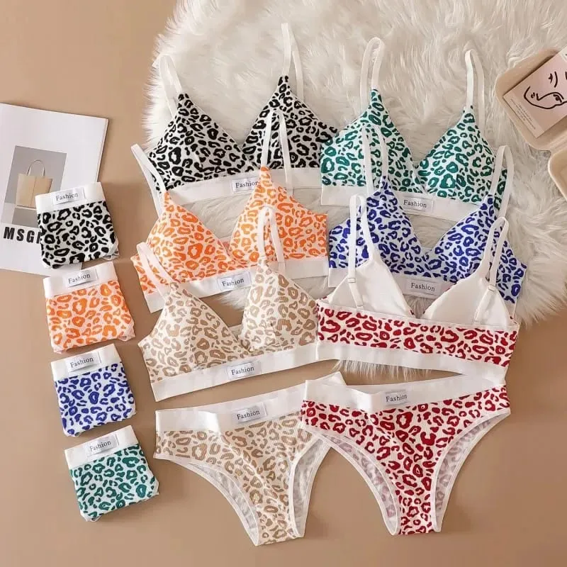 1/2/3set Women V-Neck Bra And Panties Set Low Waist Panties Female Sexy Lingerie Set Leopard Print Cotton Bra Sport Underwear — image 2