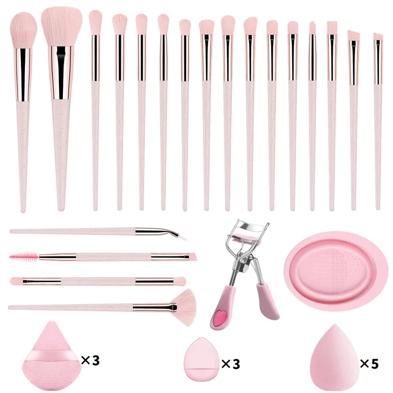 33Pcs Makeup Tool Kit 20 Makeup Brushes na May Powder Puff Cleaning Bowl Eyelash Curler Full Face Eye Makeup Set