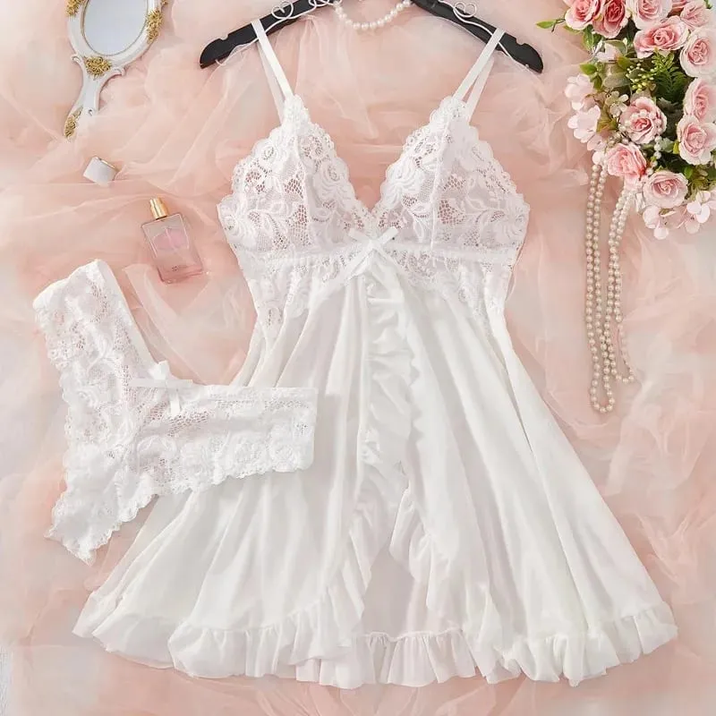 Women's Sexy Lace V-Neck Babydoll Lingerie Set 2 Piece Soft Nightdress with Panty Sleepwear for Honeymoon S-XL