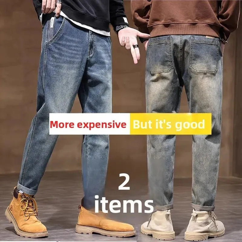 Spring Summer New Retro Men's Jeans Straight Leg Elastic Casual Versatile Classic Mid-Rise Long Pants Comfortable Fit — image 2