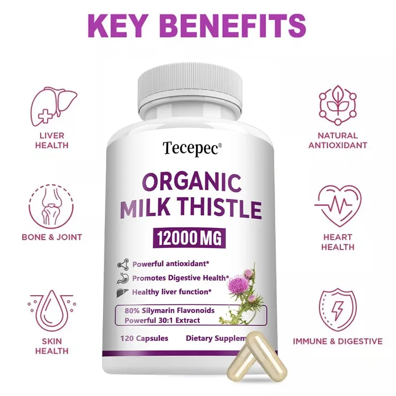Estratto di cardo mariano biologico Capsule da 12000 mg Salute dell'apparato digerente del fegato Supporta la funzionalità epatica Antiossidante Non OGM Vegetariano — image 5