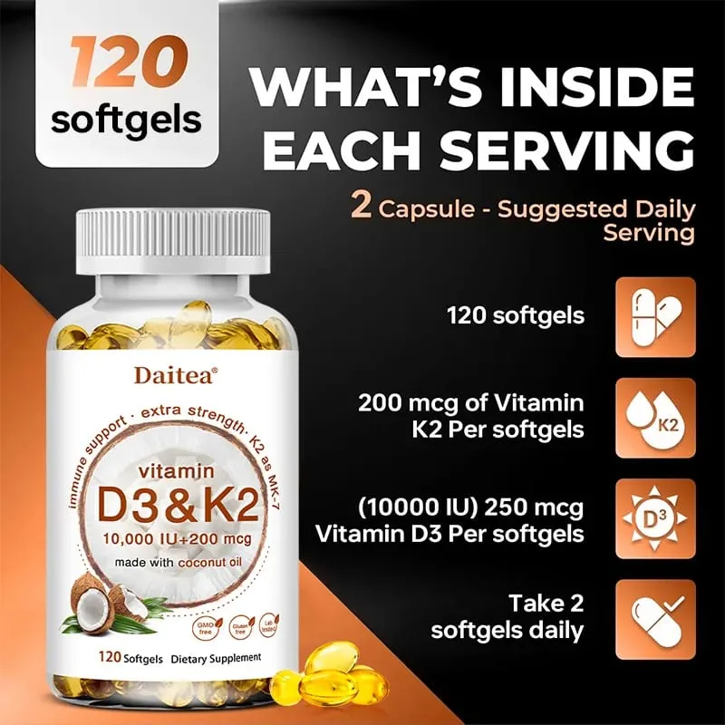 2-in-1 Vitamin D3 K2 Supplement Softgel 10000 IU VIT D3 + 200 MCG Vitamin K2 Support Calcium Absorption in Bones — image 4