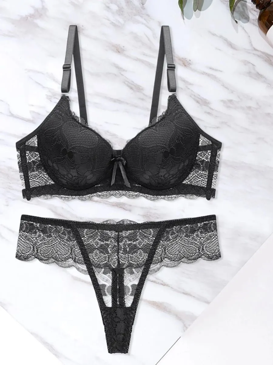 Women s Floral Lace Lingerie Set Sheer Mesh Seductive Babydoll Push up Bra and Panty 2 Pcs Set with Garter Belt — image 1