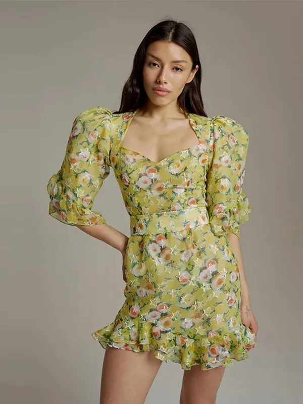 Floral Print Side Split V-Neck Mini Dresses Slim Fitwaist Cinching Puff Sleeve 2026 Summer Elegant Women Party Sweet Vestidos — image 14