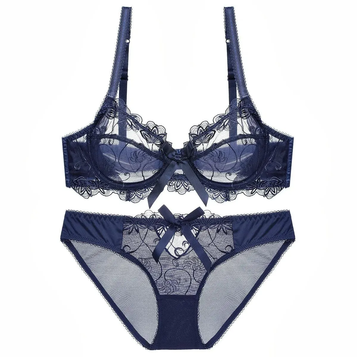Lace Push Up Bra Set Breathable PantiesThin Mesh Cup Transparent Behalf Lingerie Bow Embroidery Flora Soutien Gorge — image 2