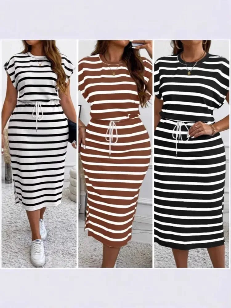 2025 Casual Striped Printed Short-sleeved Women's Dress Summer Fashion Cinched Waist Lace Up T Shirt Female Sports Dresses — image 6