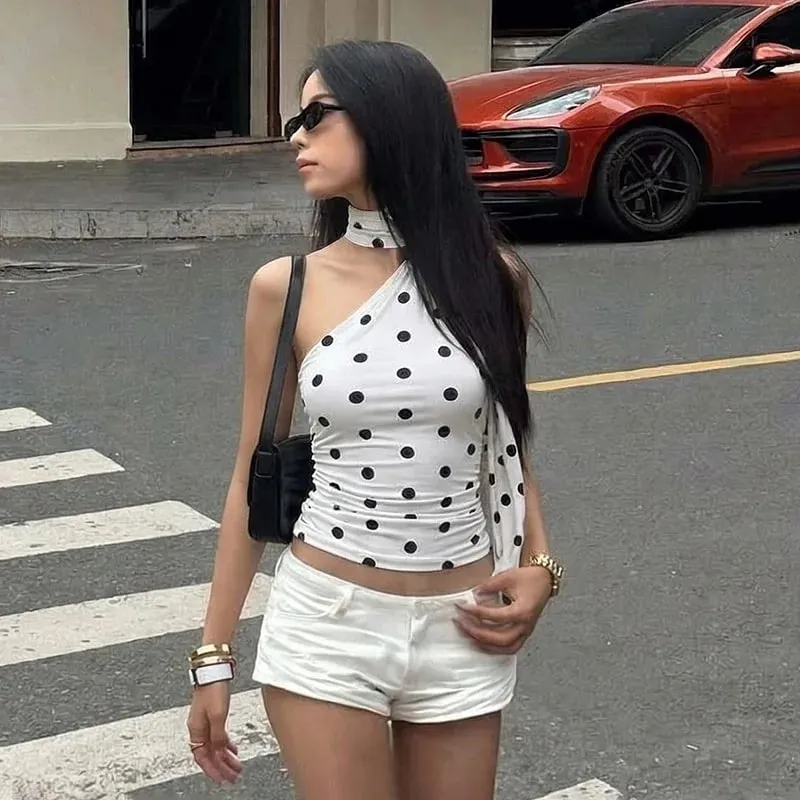 Women Spring Summer Polka Dot Tube Top Double Layer Scarf Collar Tie Back Slim Bandeau Top