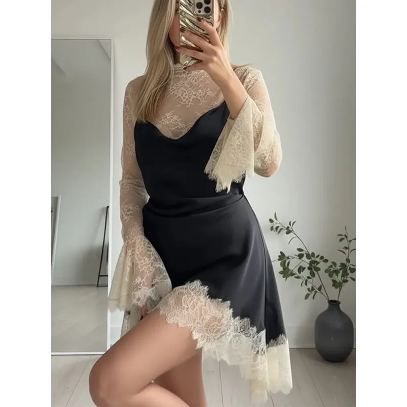 Elegant Sexy Lace Patchwork Mini Dress Women Full Flared Sleeve Waist Cinching See Through Short Dresses Lady Club Party Gowns — image 2