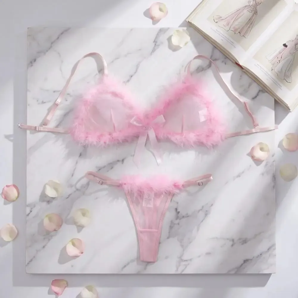 Furry Women's Underwear Wireless Bow Decor Lingerie Set Romantic Intimate Mesh Transparent Bra Panties Suit Anniversary