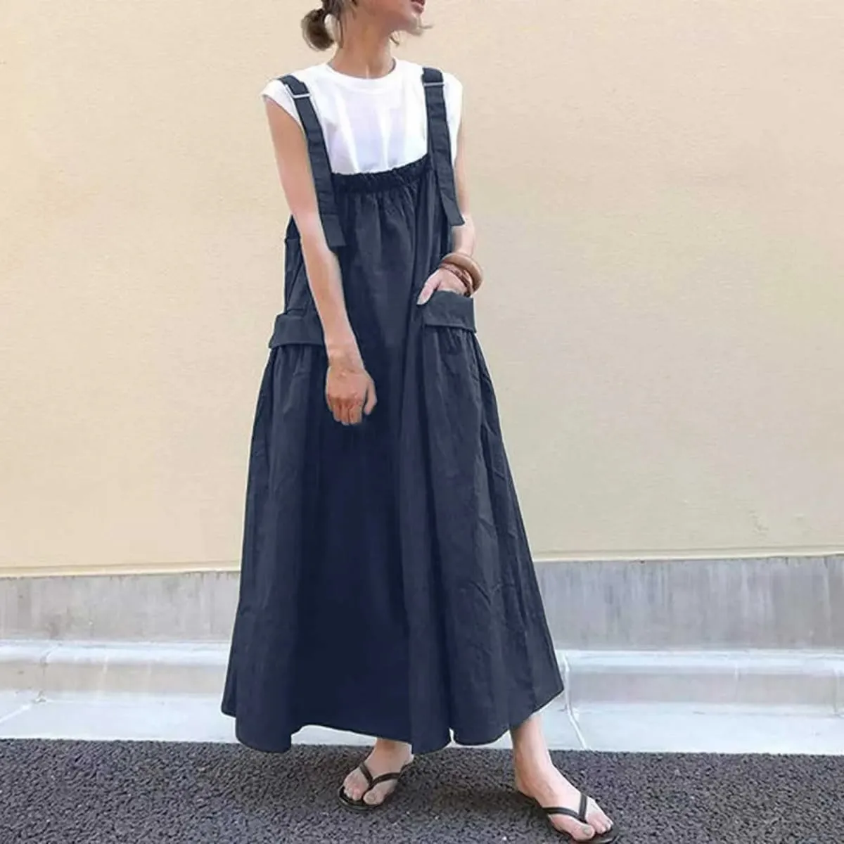Femmes mode Robe à bretelles avec longues bretelles grandes poches et sur le genou poche bretelles robes mi-longues pour femmes Robe Femme — image 1