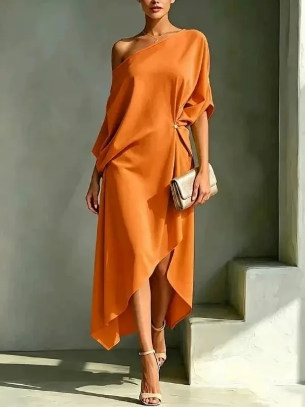 Elegant Off Shoulder Half Sleeve Dress Women Summer Batwing Sleeves Irregular Button Design Vintage Casual Holiday Beach Dresses — image 5