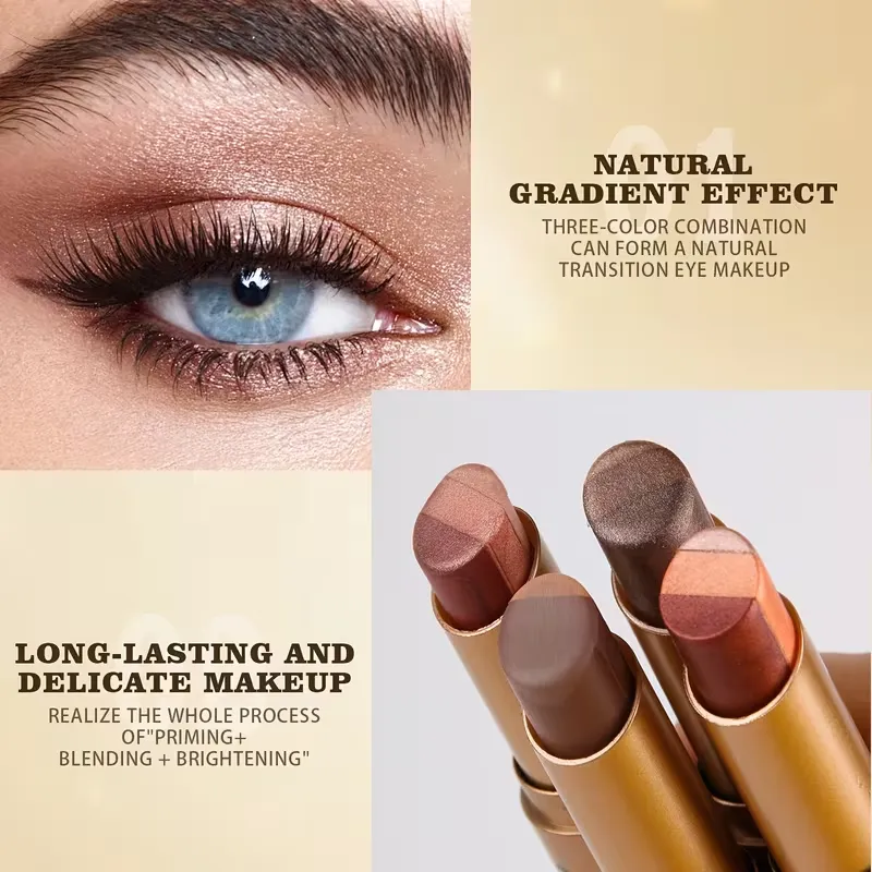 Glitter 3-Color Gradient Eyeshadow Stick Pencil Three Tone Shimmer Metallic Lazy Eye Shadow Pen Waterproof 3 in 1 Eye Makeup — image 6