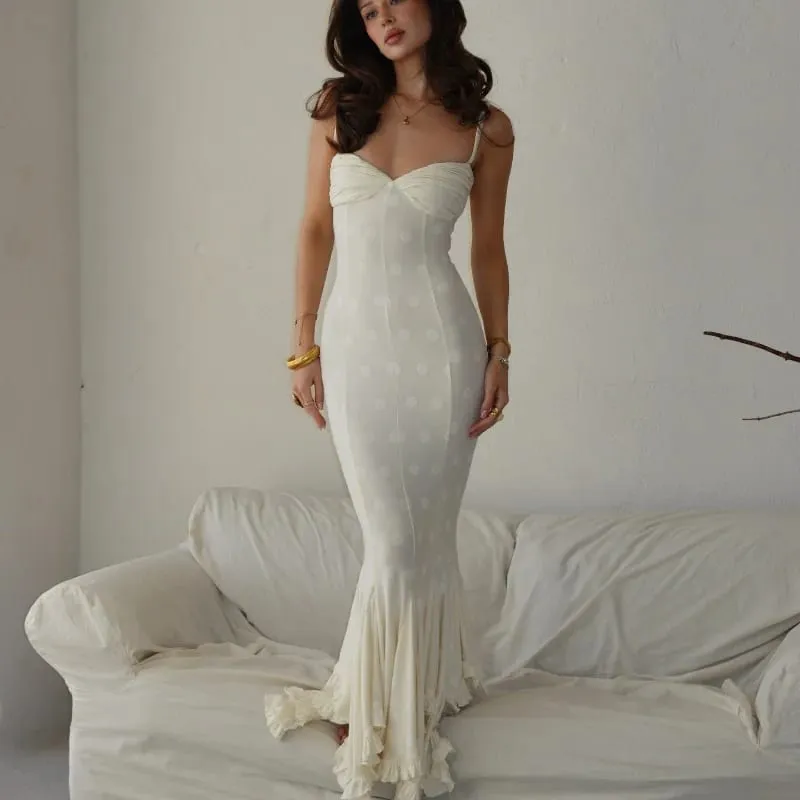White Polka Dot Maxi Dress For Women Spaghetti Straps Sweetheart Bust Back Ruched Mermaid Flounce Hem Vacation Biryhday Dresses — image 2